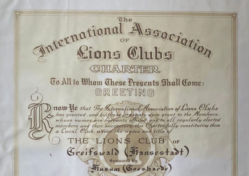 Gründungsurkunde des Lions Club Hansestadt Greifswald von 1993