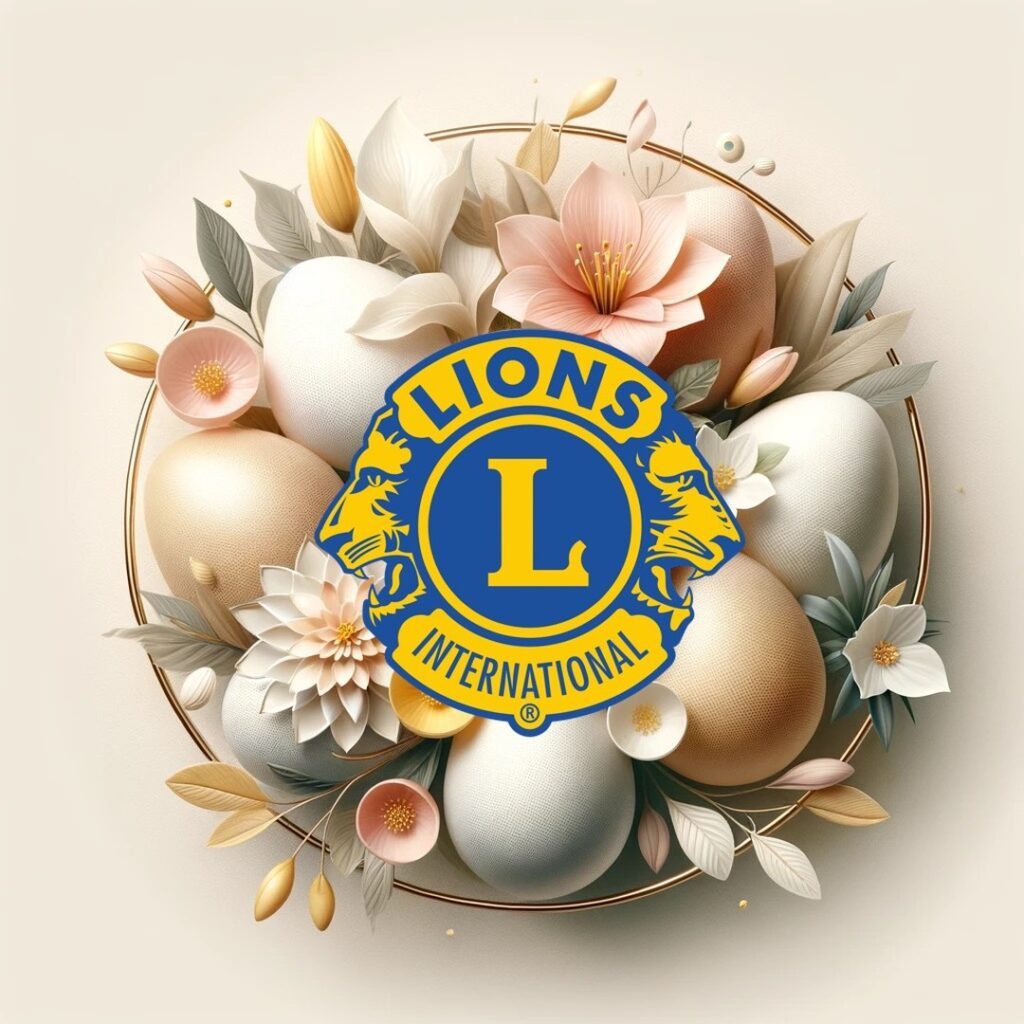 Ostergrafik mit Lions-Emblem, Ostereiern und Frühlingsblüten