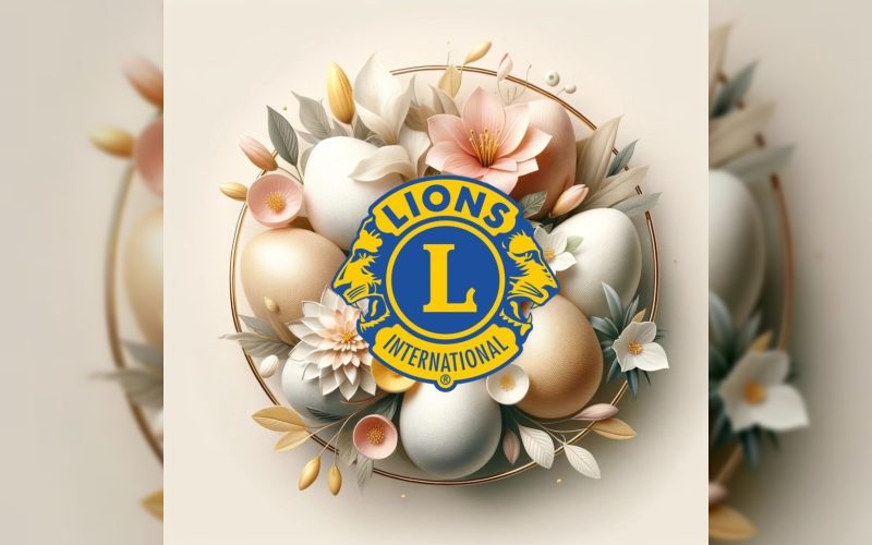 Ostergrafik mit Lions-Emblem, Ostereiern und Frühlingsblüten
