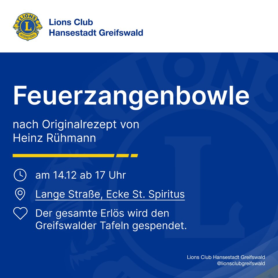 Beitrag für Instagram: 🎄🍷 Feuerzangenbowle genießen und Gutes tun! 🍷🎄 Am 14.12. ab 17 Uhr lädt der Lions Club …